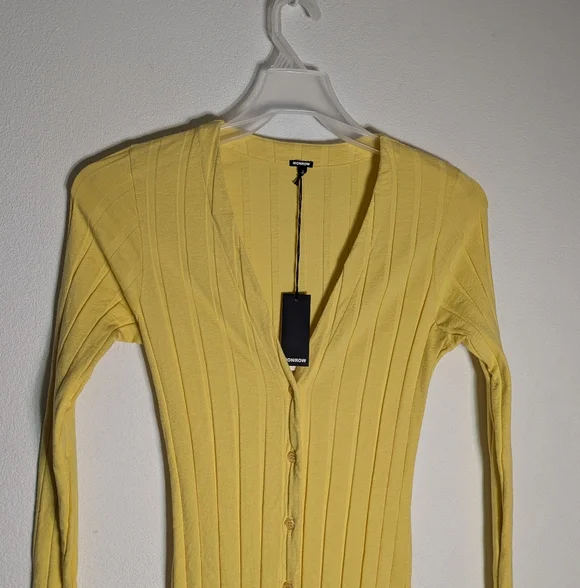 Monrow Women's Butter Yellow Flat-Rib Midi Cardigan Dress NWT Long Sleeve Large - Picture 3 of 10